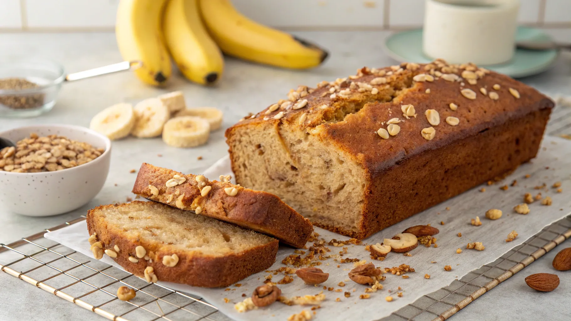 A golden, moist banana bread loaf made with cake mix, sliced to reveal a soft and fluffy texture, served on a wooden board.