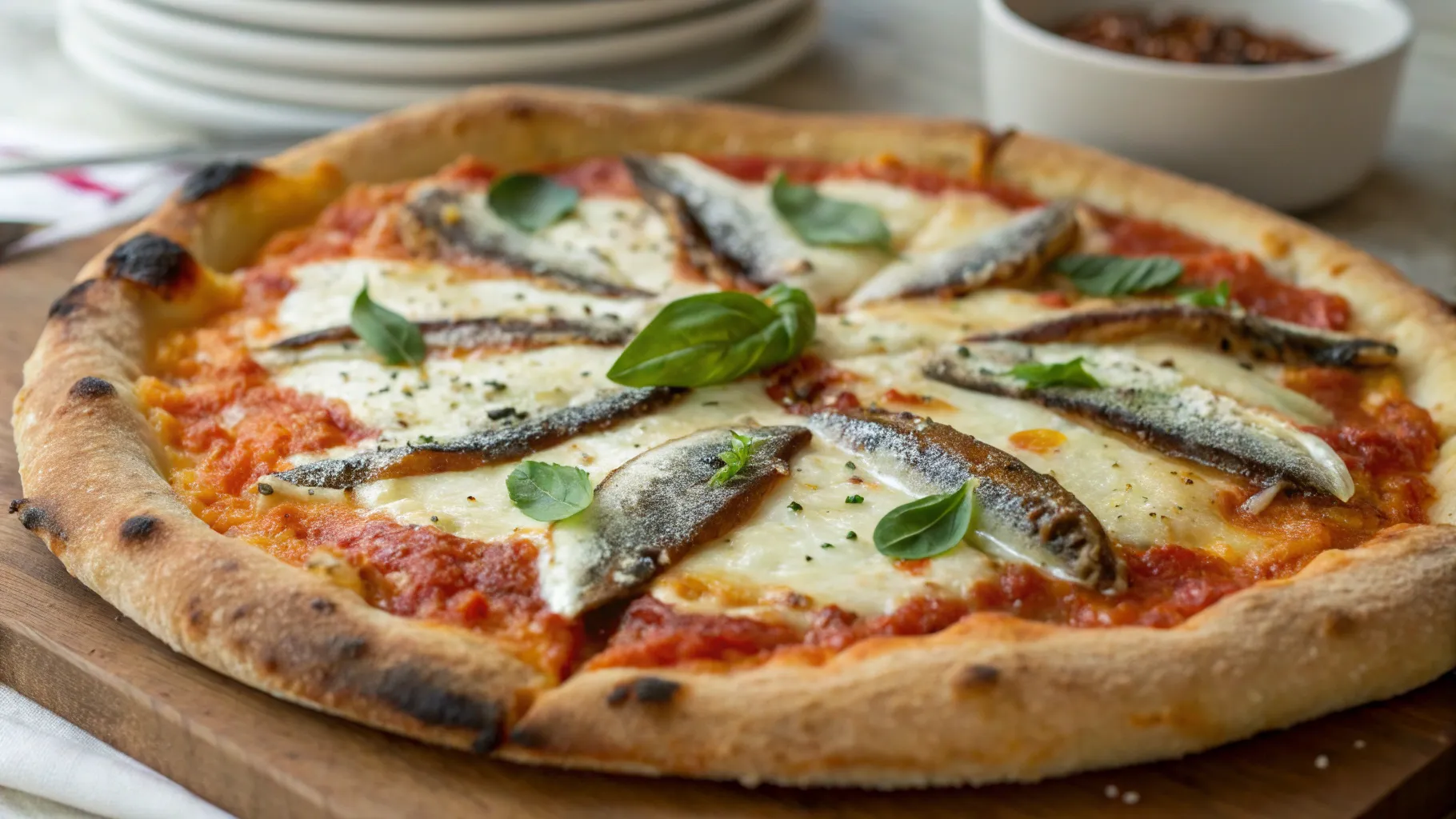 A freshly baked anchovy pizza with a golden, crispy crust, topped with melted mozzarella, rich tomato sauce, and savory anchovies, garnished with fresh herbs.