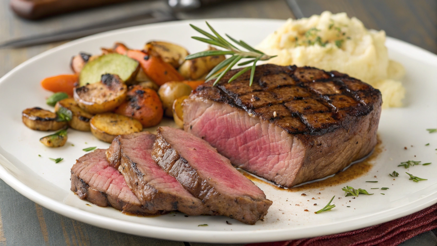 Beef bottom round steak on a wooden cutting board, garnished with rosemary and garlic, cooked to perfection.