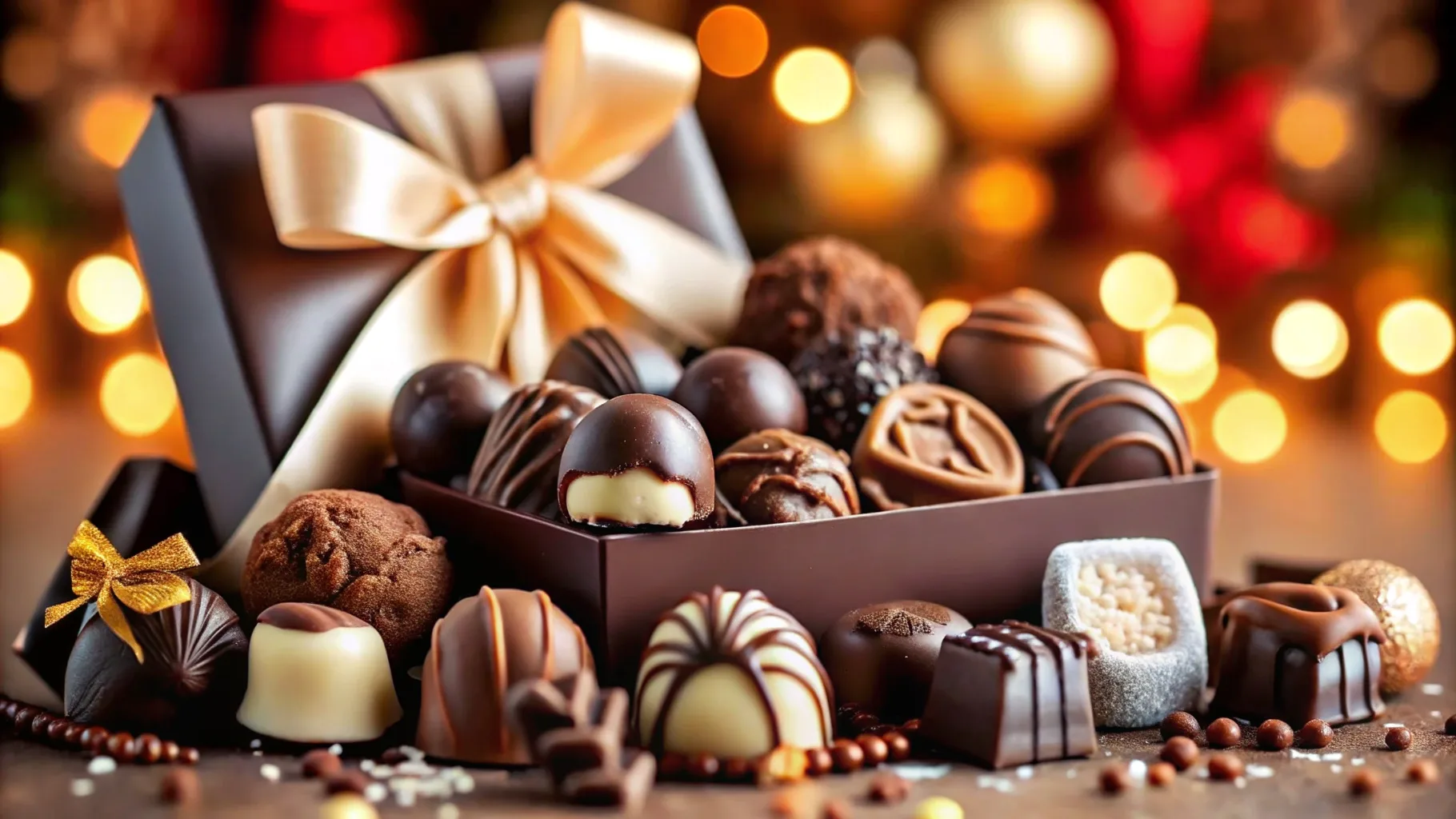 A beautifully arranged assortment of chocolate gifts, featuring luxurious dark chocolate truffles, creamy milk chocolate bars, and delicate white chocolate pralines, presented in an elegant gift box adorned with a satin ribbon. The background is softly blurred with hints of warm colors that evoke a cozy, celebratory atmosphere, while the chocolates are artfully displayed to showcase their rich textures and enticing shapes.