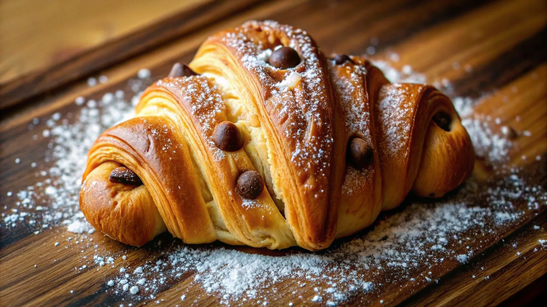 A beautifully arranged cookie croissant hybrid, showcasing a golden-brown, flaky exterior with chunks of chocolate and a sprinkle of sugar, placed on a rustic wooden table, surrounded by soft lighting and delicate pastry flour dust.