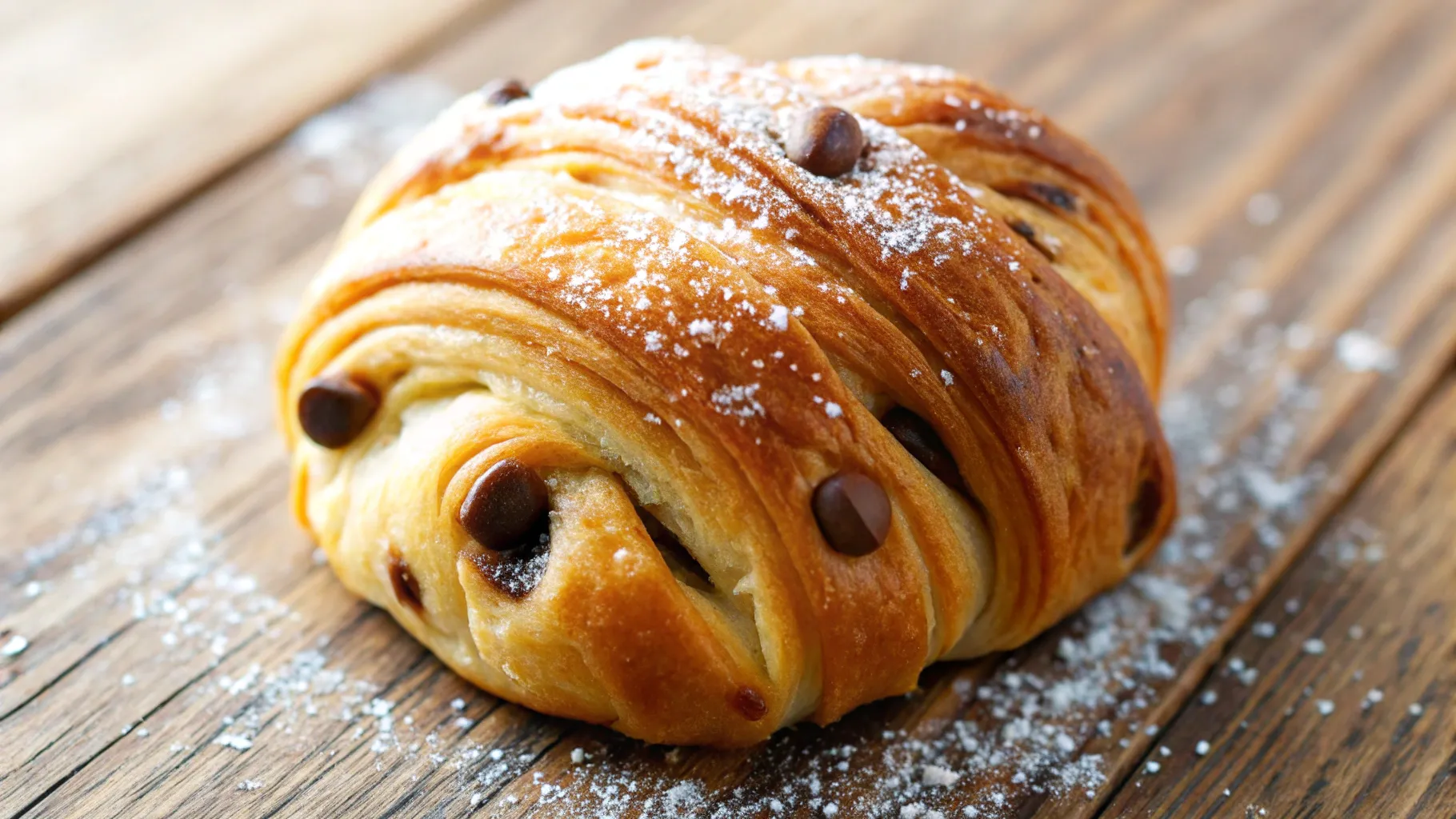 A freshly baked cookie croissant, golden brown and flaky, with visible chocolate chips melting on the surface, set against a rustic wooden table, sprinkled with powdered sugar, soft natural lighting enhancing the textures and details.