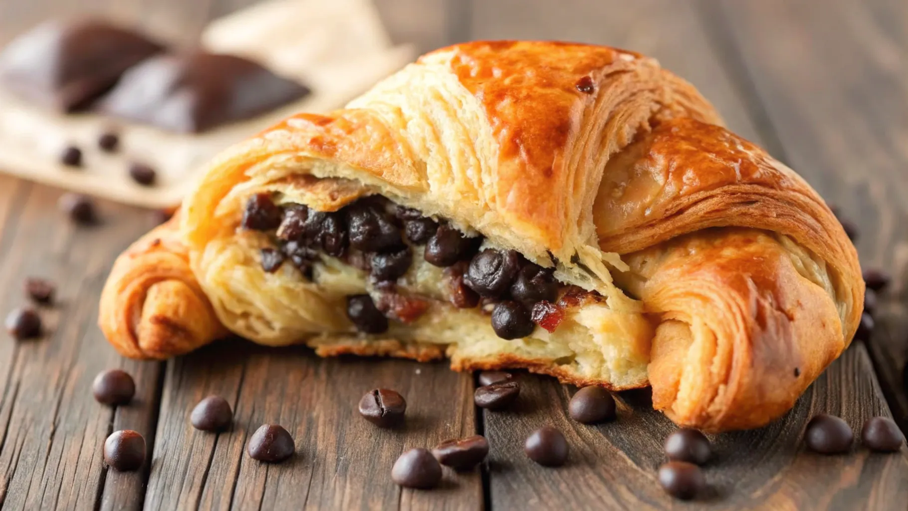 A freshly baked cookie croissant, golden and flaky, with a rich chocolate chip filling oozing from the layers, placed on a rustic wooden table, surrounded by scattered chocolate chips and a soft morning light illuminating the scene.