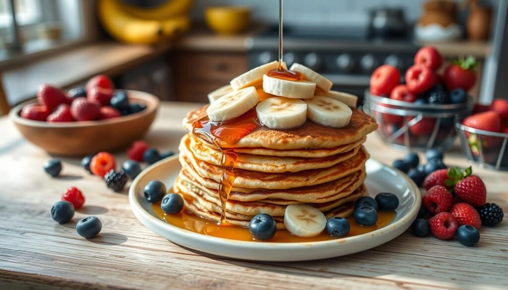 A stack of fluffy banana pancakes topped with fresh banana slices and surrounded by vibrant berries, drizzled with maple syrup for a wholesome breakfast.