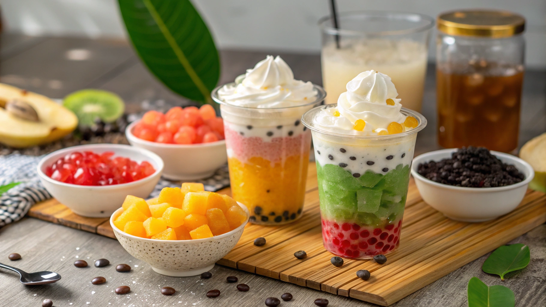 A vibrant assortment of boba tea toppings, including colorful tapioca pearls, sweet jelly cubes, creamy whipped cream, fresh fruit slices, and crunchy popping boba, elegantly arranged on a wooden table, with a backdrop of blurred tea cups and leaves for a cozy café atmosphere.