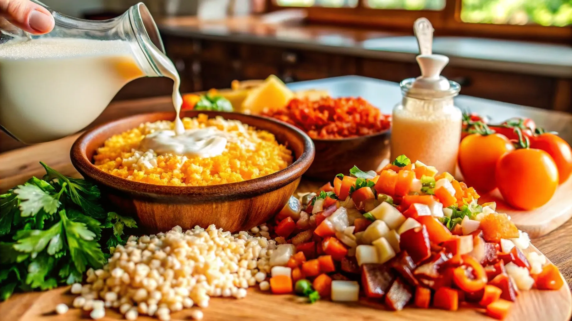 A warm bowl of creamy grits being drizzled with milk, surrounded by fresh ingredients like diced vegetables, tomatoes, parsley, and cheese. This inviting setup highlights the perfect balance of comforting, hearty grits with vibrant, flavorful toppings, making it a delicious and customizable breakfast option.