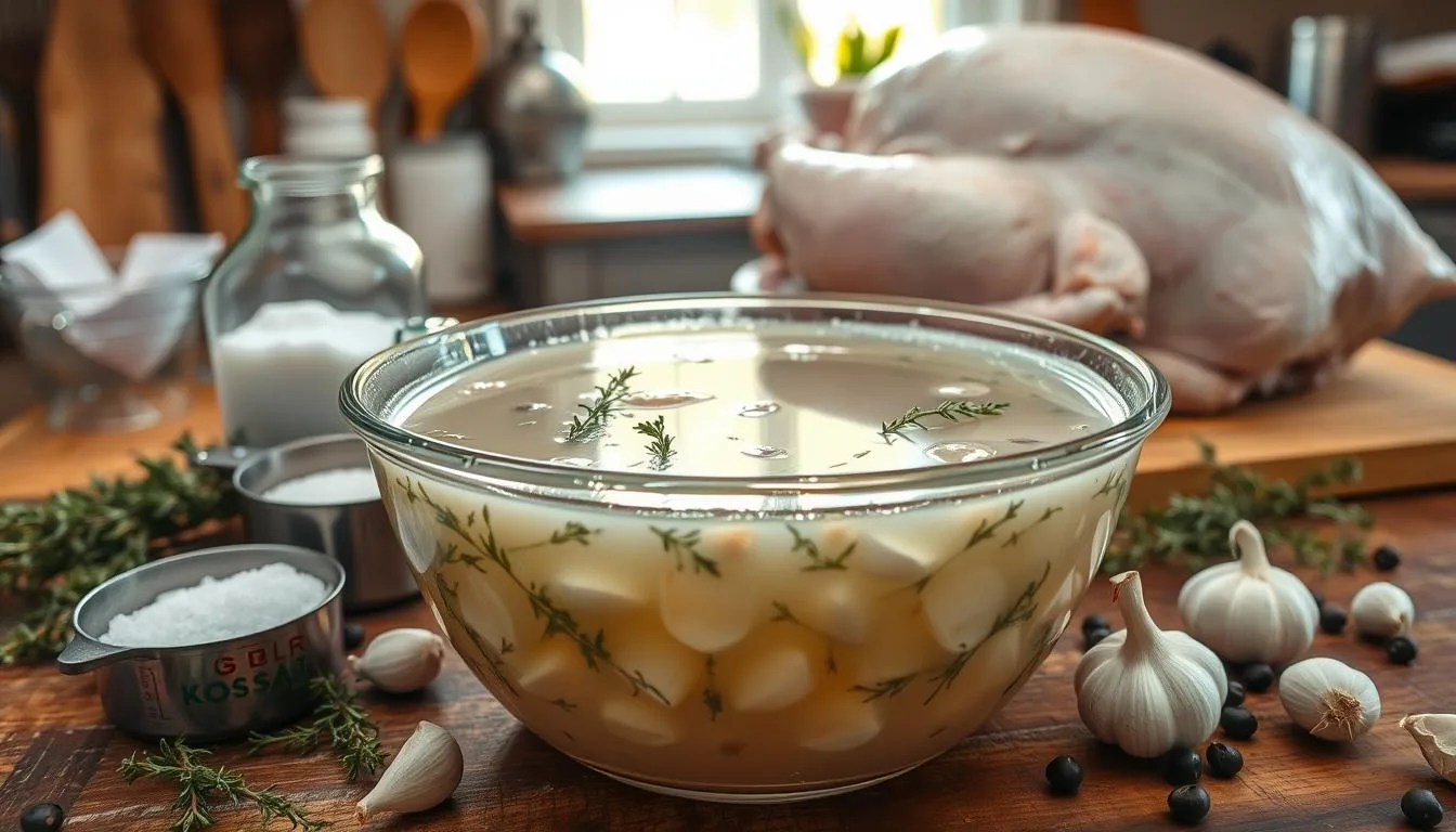 Raw turkey in a large pot of brine with herbs, spices, and citrus slices, ready for cooking.