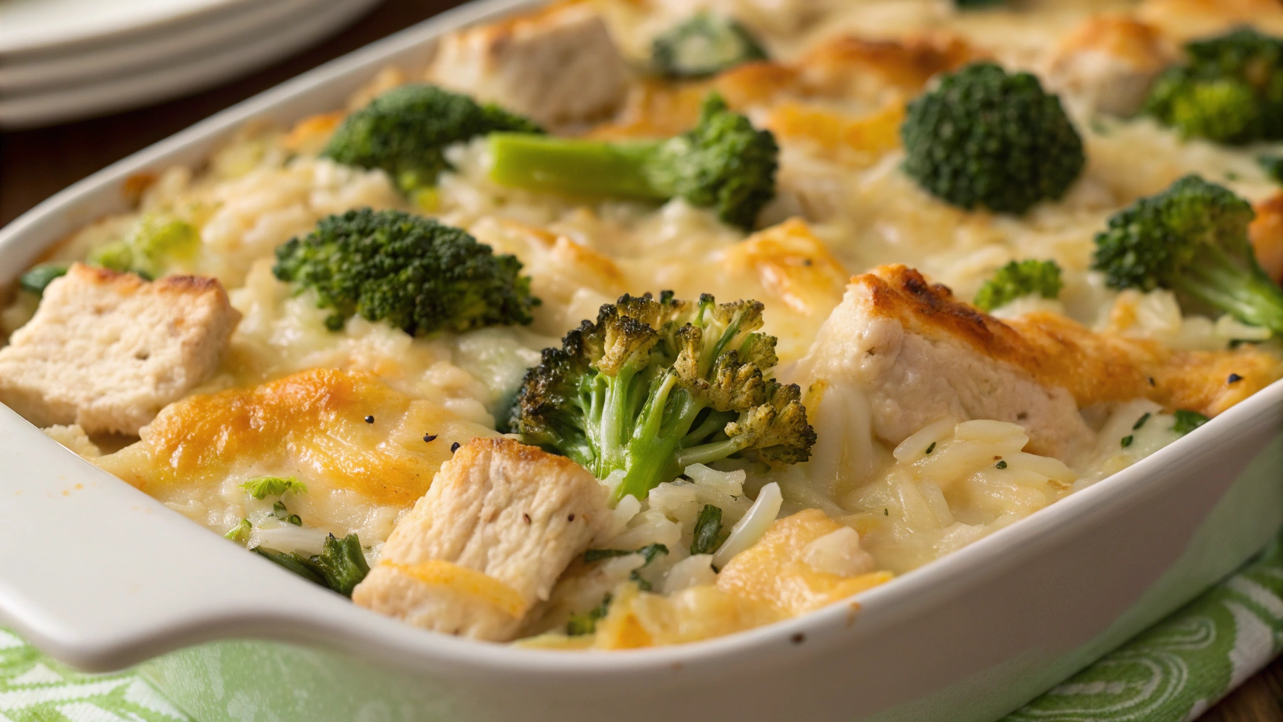 A hearty Chicken Broccoli Rice Casserole served in a white baking dish, topped with melted cheese and garnished with fresh parsley.