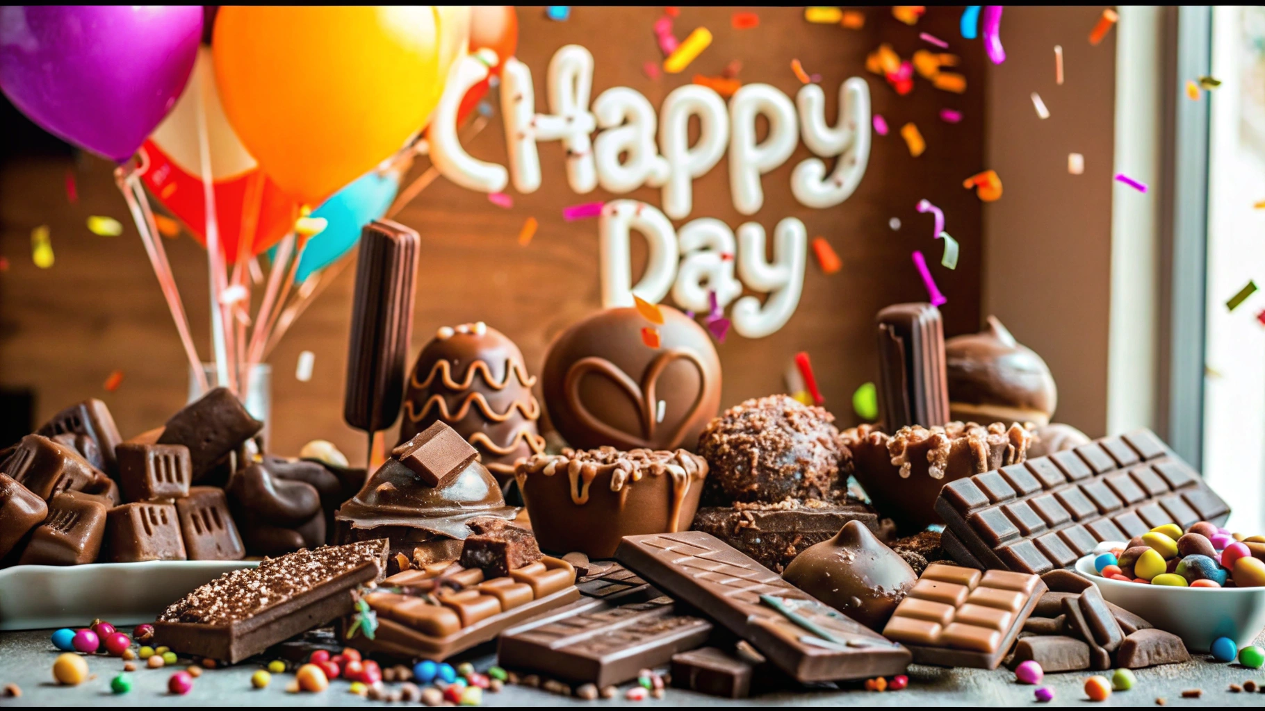 A selection of rich, decadent chocolates in various shapes and flavors, perfect for celebrating Chocolate Day.