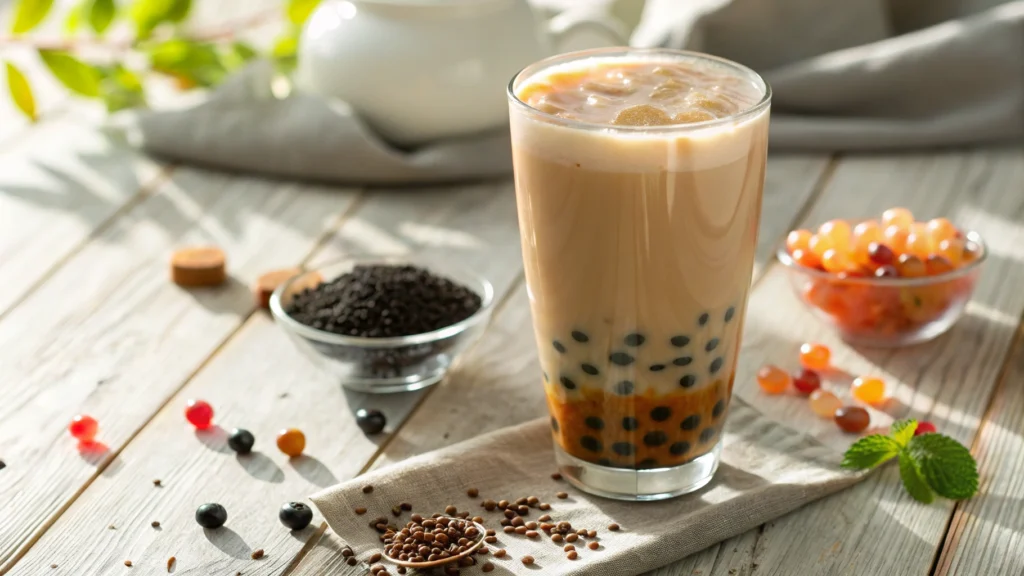 A close-up of a beautifully crafted glass of classic milk tea, featuring layers of creamy brown tea and frothy milk, with subtle condensation on the glass. Surrounding the glass are scattered colorful tapioca pearls and a small bowl of loose black tea leaves, set against a soft, rustic wooden table background with gentle sunlight illuminating the scene.