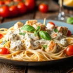 A bowl of creamy chicken pasta garnished with fresh parsley and served with garlic bread on the side.