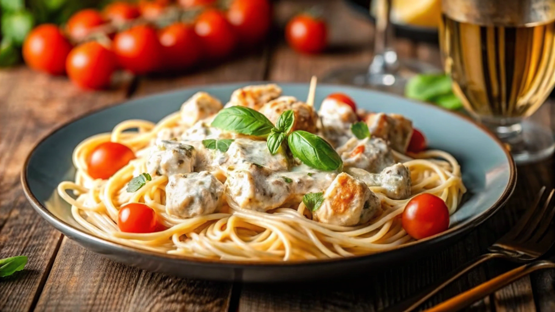 A bowl of creamy chicken pasta garnished with fresh parsley and served with garlic bread on the side.