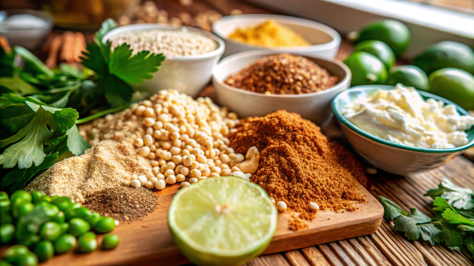 A small bowl of vibrant white chicken chili seasoning blend, featuring a mix of spices like cumin, garlic powder, paprika, and oregano, placed on a rustic wooden surface.