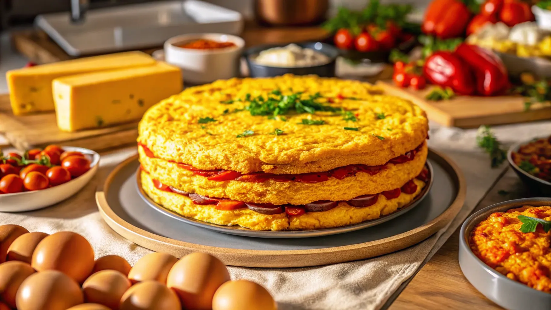 A beautifully stacked breakfast grits casserole featuring fluffy, golden grits layers filled with roasted red peppers and savory sausage. The dish is garnished with fresh herbs and surrounded by ingredients like eggs, cheese, and cherry tomatoes, creating a warm and inviting breakfast spread. Perfect for a hearty and flavorful morning meal!