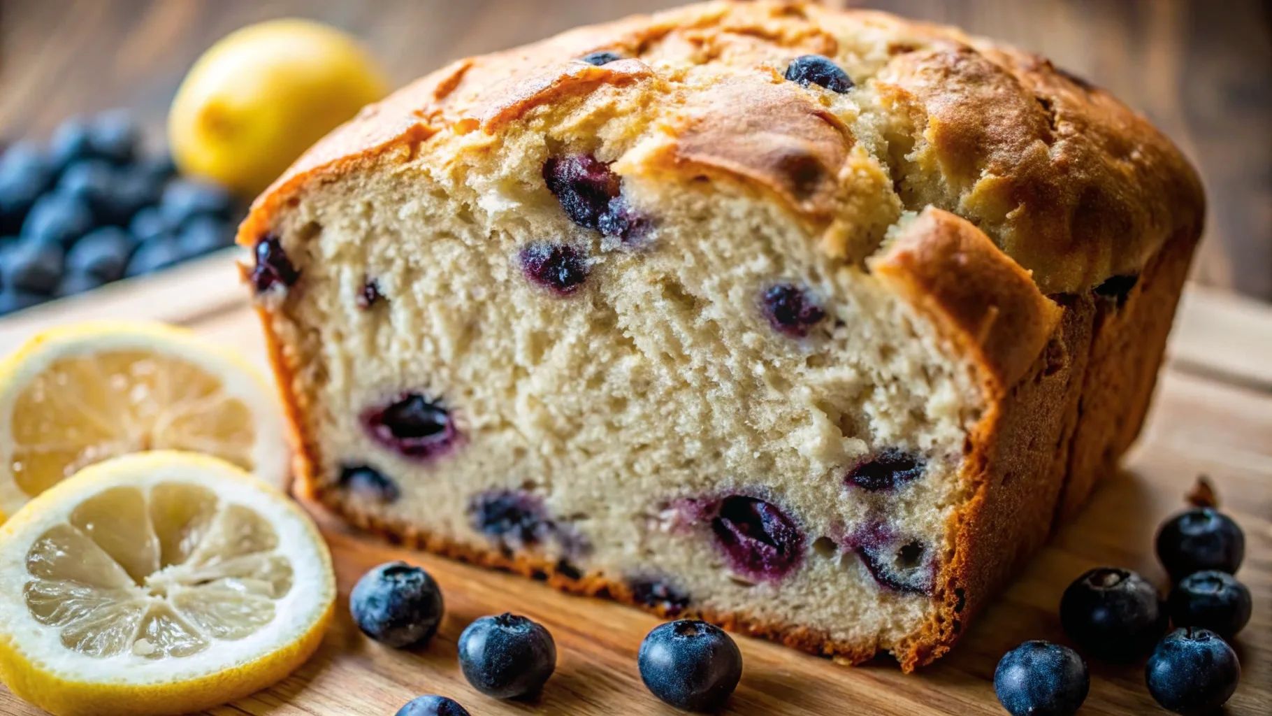 A freshly baked loaf of lemon blueberry sourdough bread, with a golden crust and steam rising, surrounded by scattered blueberries and lemon slices, set on a rustic wooden cutting board, soft natural lighting enhancing the texture of the bread.