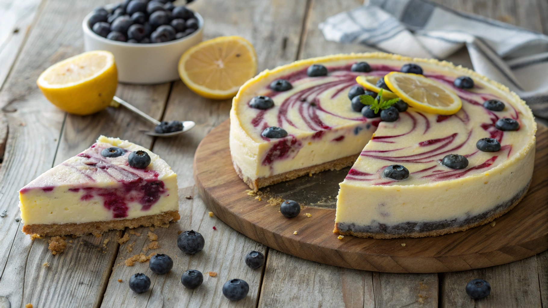 A beautifully layered lemon blueberry cheesecake on a rustic wooden table, featuring a smooth, creamy filling with vibrant swirls of lemon and fresh blueberries, garnished with lemon zest and whole blueberries, soft natural lighting highlighting the textures, a slice cut out revealing the layers inside, surrounded by scattered blueberries and lemon slices.