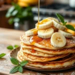 A stack of banana pancakes drizzled with maple syrup, topped with banana slices and a sprig of mint.