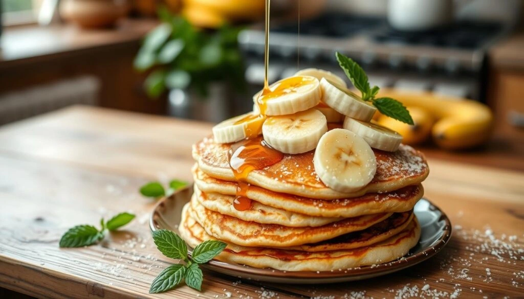 A stack of banana pancakes drizzled with maple syrup, topped with banana slices and a sprig of mint.