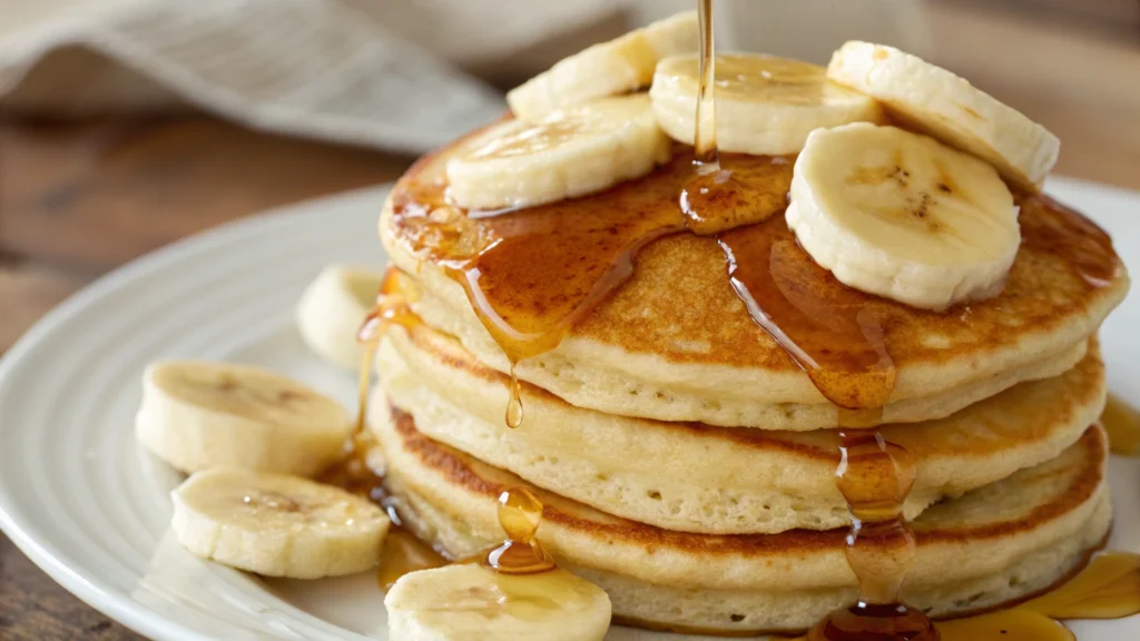 A delicious stack of banana pancakes topped with fresh banana slices and drizzled with golden maple syrup, perfect for a healthy breakfast.