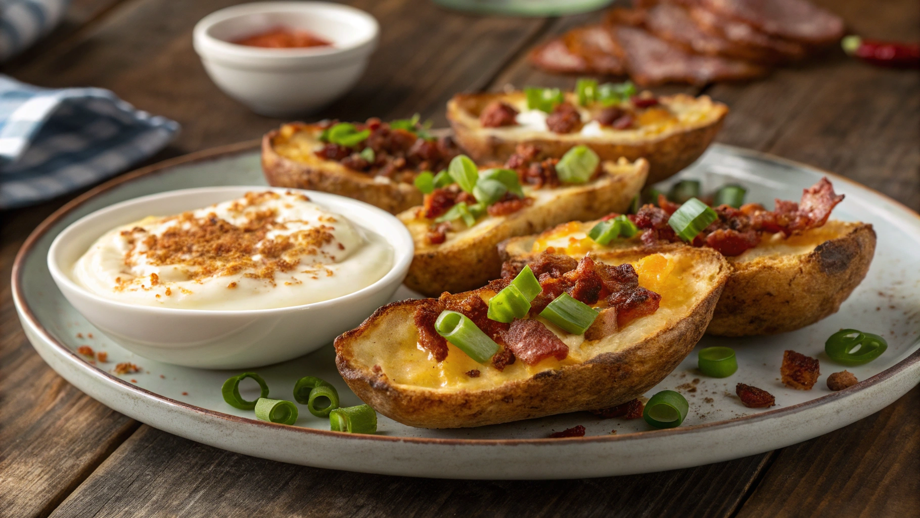 Crispy loaded potato skins topped with melted cheese, bacon, and green onions on a wooden serving board.