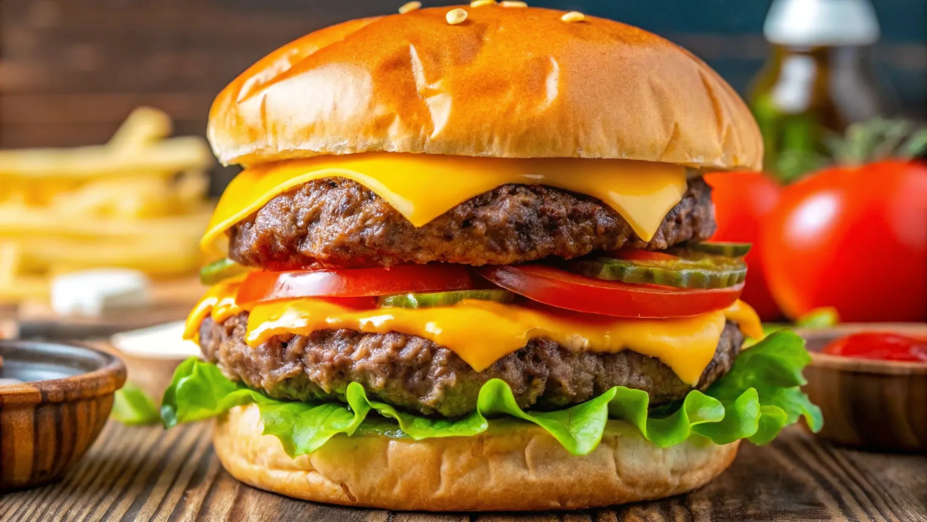 A juicy, perfectly charred smash burger with melted cheese oozing off the sides, nestled on a toasted brioche bun, surrounded by fresh lettuce, ripe tomato slices, and crispy pickles, garnished with a dollop of special sauce, set against a rustic wooden backdrop with grilling tools and fresh ingredients in the background.