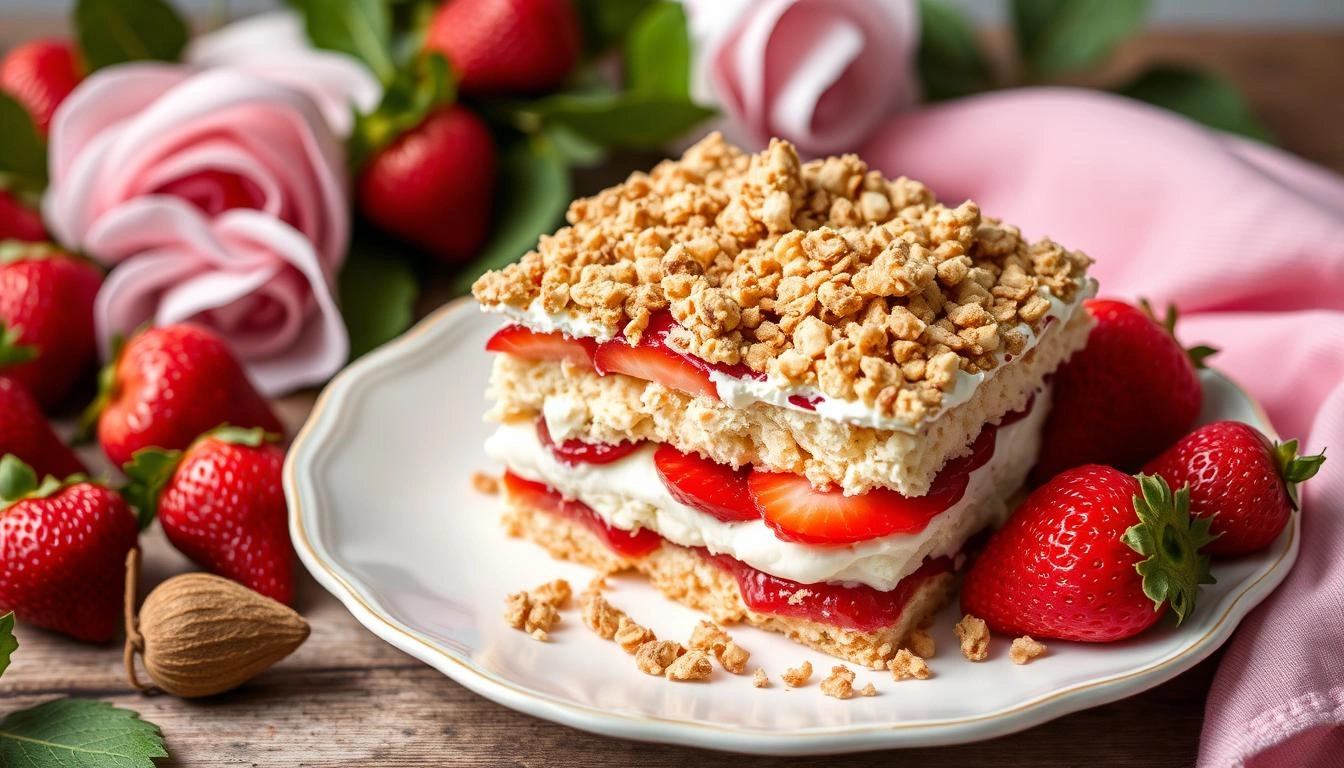 A close-up of strawberry shortcake crunch bars with a crumbly, pink and golden coating, displayed