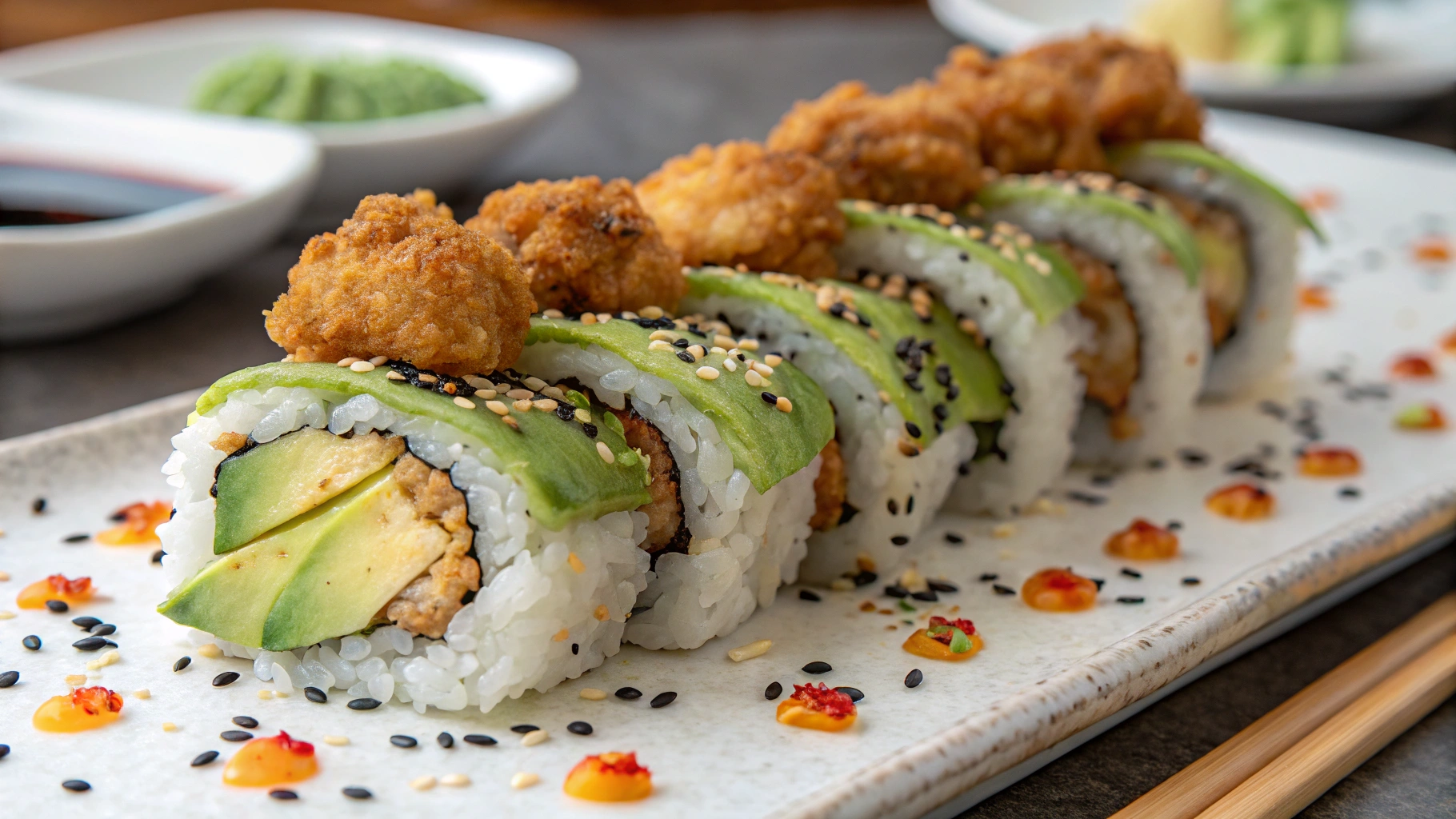 Close-up of a chicken tempura roll topped with spicy mayo and garnished with green onions, served on a wooden sushi board.