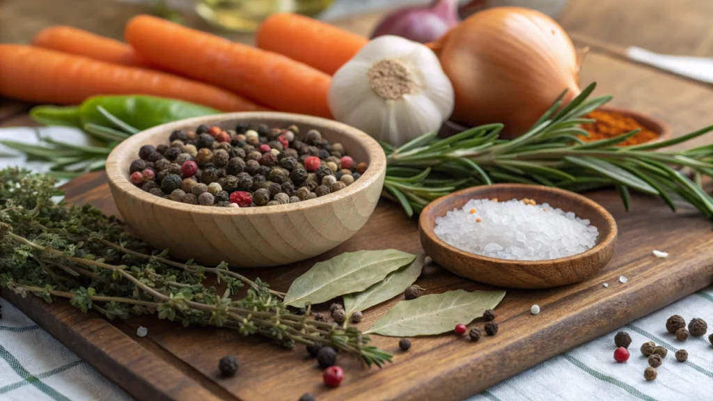 A beautifully arranged collection of vibrant spices and herbs ideal for pot roast seasoning, featuring whole peppercorns, dried thyme, rosemary sprigs, garlic cloves, bay leaves, and salt crystals, presented on a rustic wooden surface with a backdrop of fresh vegetables like carrots and onions, all illuminated by warm natural light.