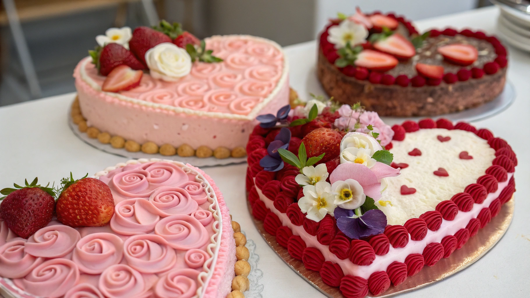 A heart-shaped Valentine’s cake with red velvet layers, cream cheese frosting, and romantic decorations like sugar roses and edible glitter, displayed on a white table with a soft pink background.