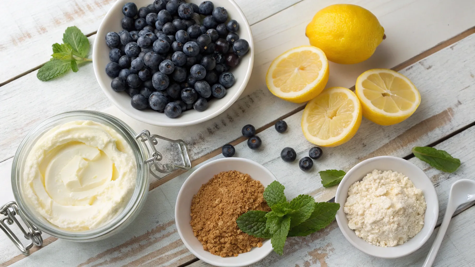 A beautifully arranged flat lay of fresh ingredients for lemon blueberry cheesecake, featuring ripe blueberries, halved lemons with vibrant yellow zest, a bowl of creamy cream cheese, granulated sugar in a rustic glass jar, buttery graham cracker crumbs in a small dish, and a sprig of mint for garnish, all on a rustic wooden table background with soft natural lighting.