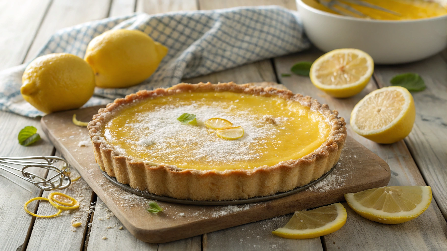 A beautifully arranged lemon curd pie on a rustic wooden table, featuring a perfectly golden brown crust, smooth and glossy lemon curd filling, and a sprinkle of powdered sugar on top. Surrounding the pie are fresh lemon slices and vibrant lemon zest, with soft natural lighting enhancing the tangy yellow hues.