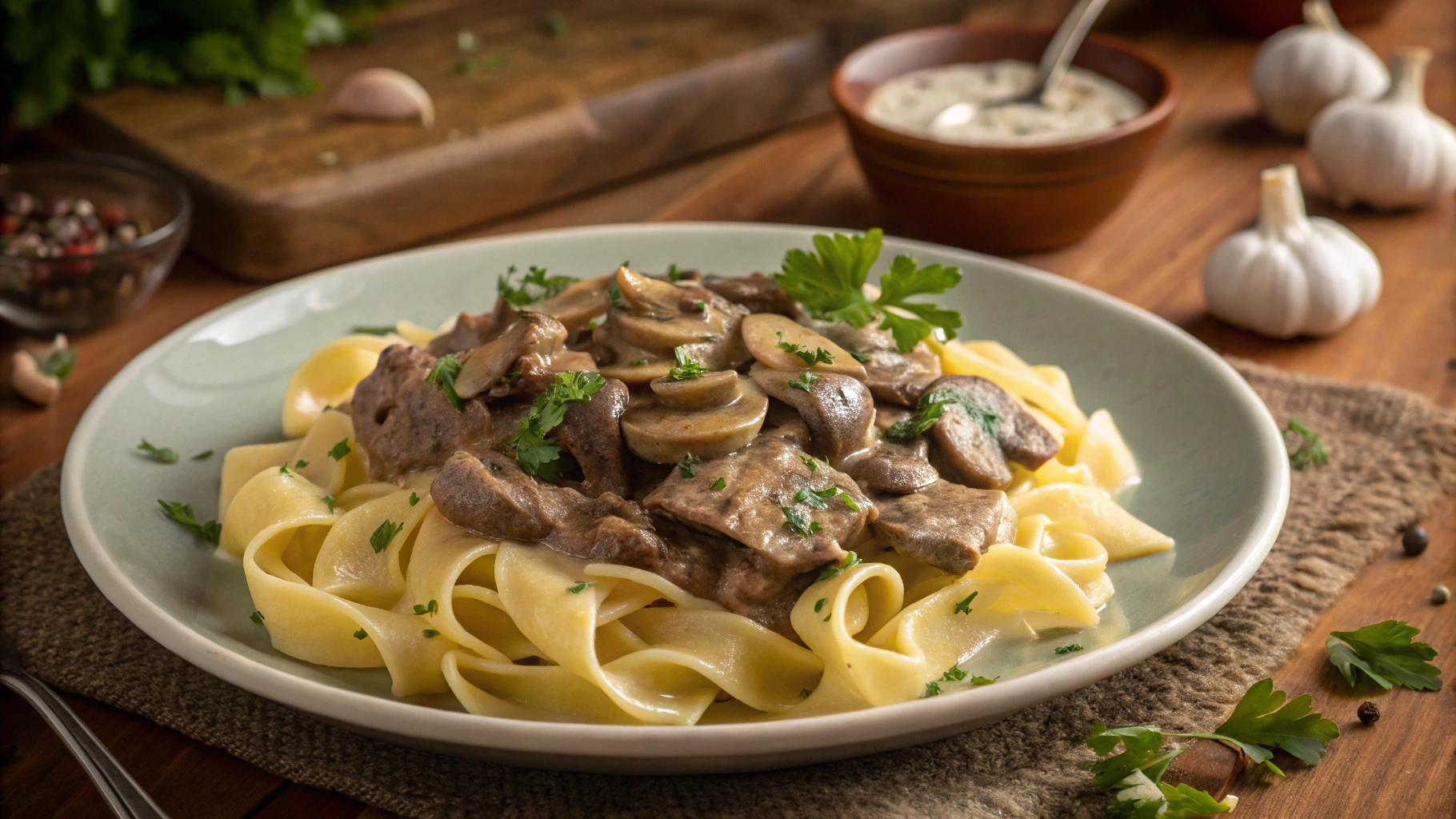 Creamy beef stroganoff without milk served over egg noodles in a bowl