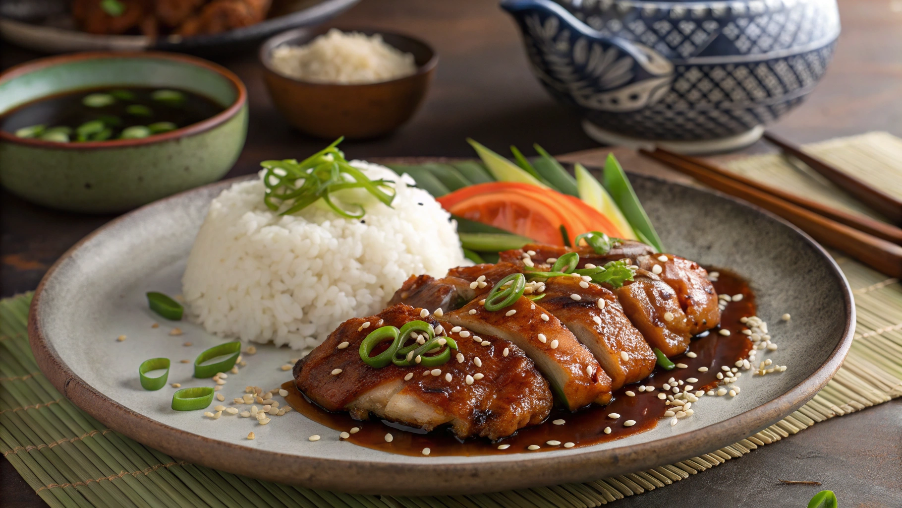 A plate of tender Shoyu Chicken garnished with green onions and sesame seeds, served with steamed white rice.