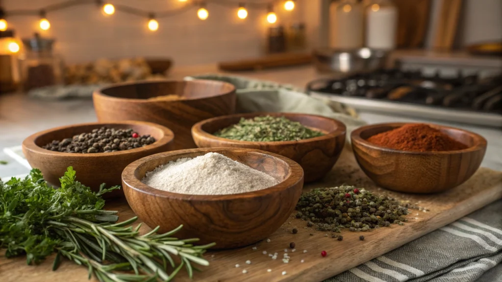 A beautifully arranged set of key pantry ingredients for pot roast seasoning, featuring whole herbs and spices like dried thyme, rosemary, garlic powder, onion powder, black peppercorns, and sea salt. Include rustic wooden bowls filled with each ingredient, a sprinkle of fresh parsley for color, and a backdrop of a cozy kitchen setting with warm lighting.