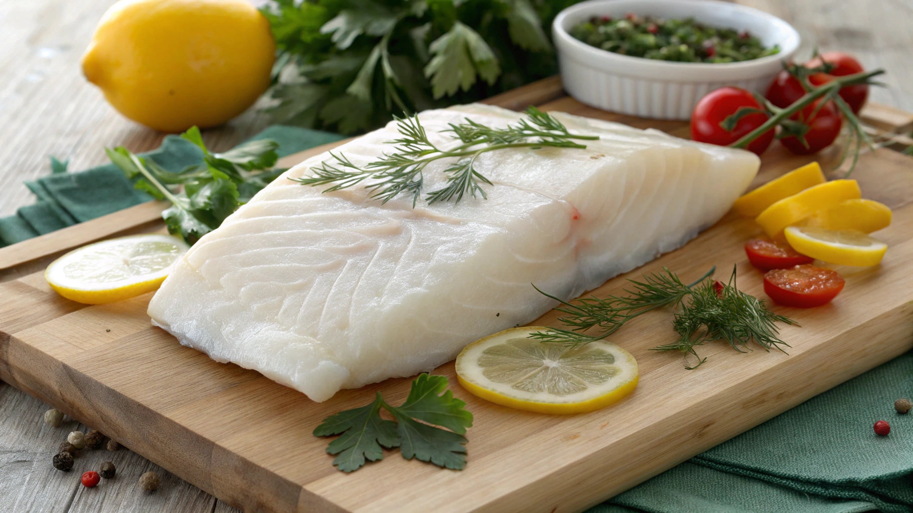 A beautifully displayed Pacific halibut fillet on a wooden cutting board, showcasing its firm white flesh and delicate texture, surrounded by fresh herbs like parsley and dill, with lemon wedges and colorful vegetables for contrast, natural light highlighting the freshness of the seafood.