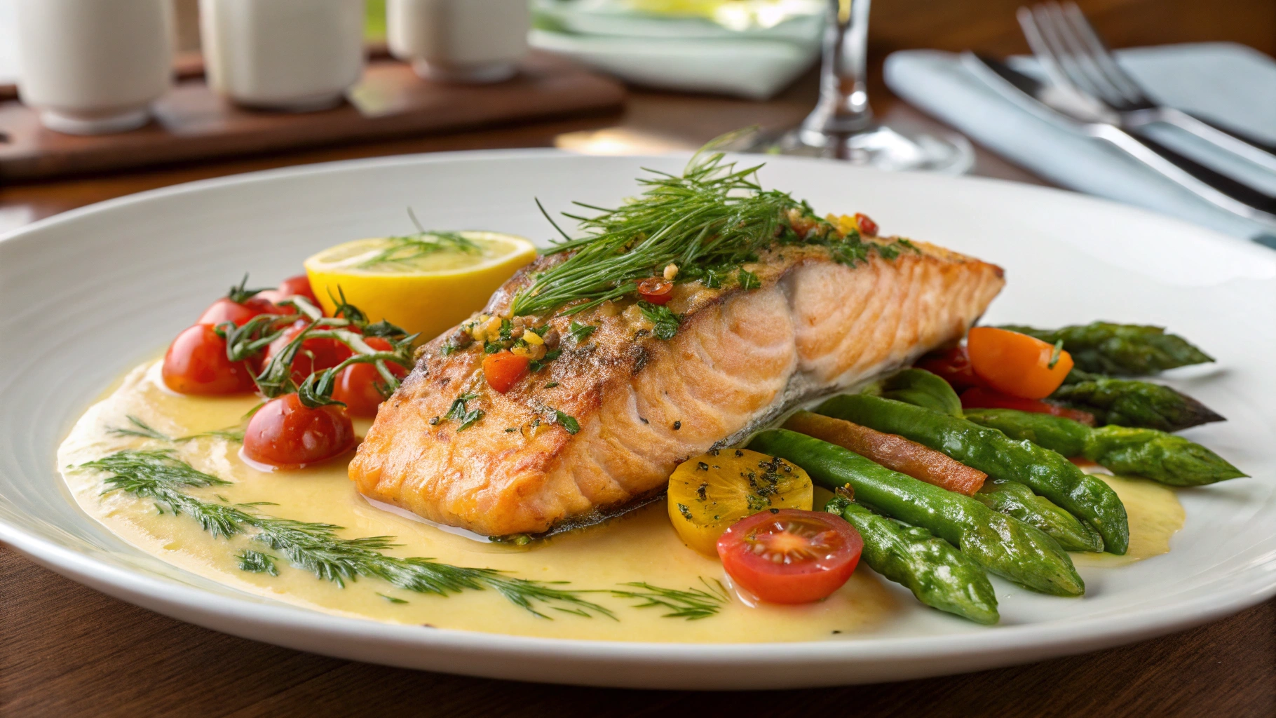 A perfectly baked salmon fillet garnished with fresh herbs and lemon slices on a white plate.