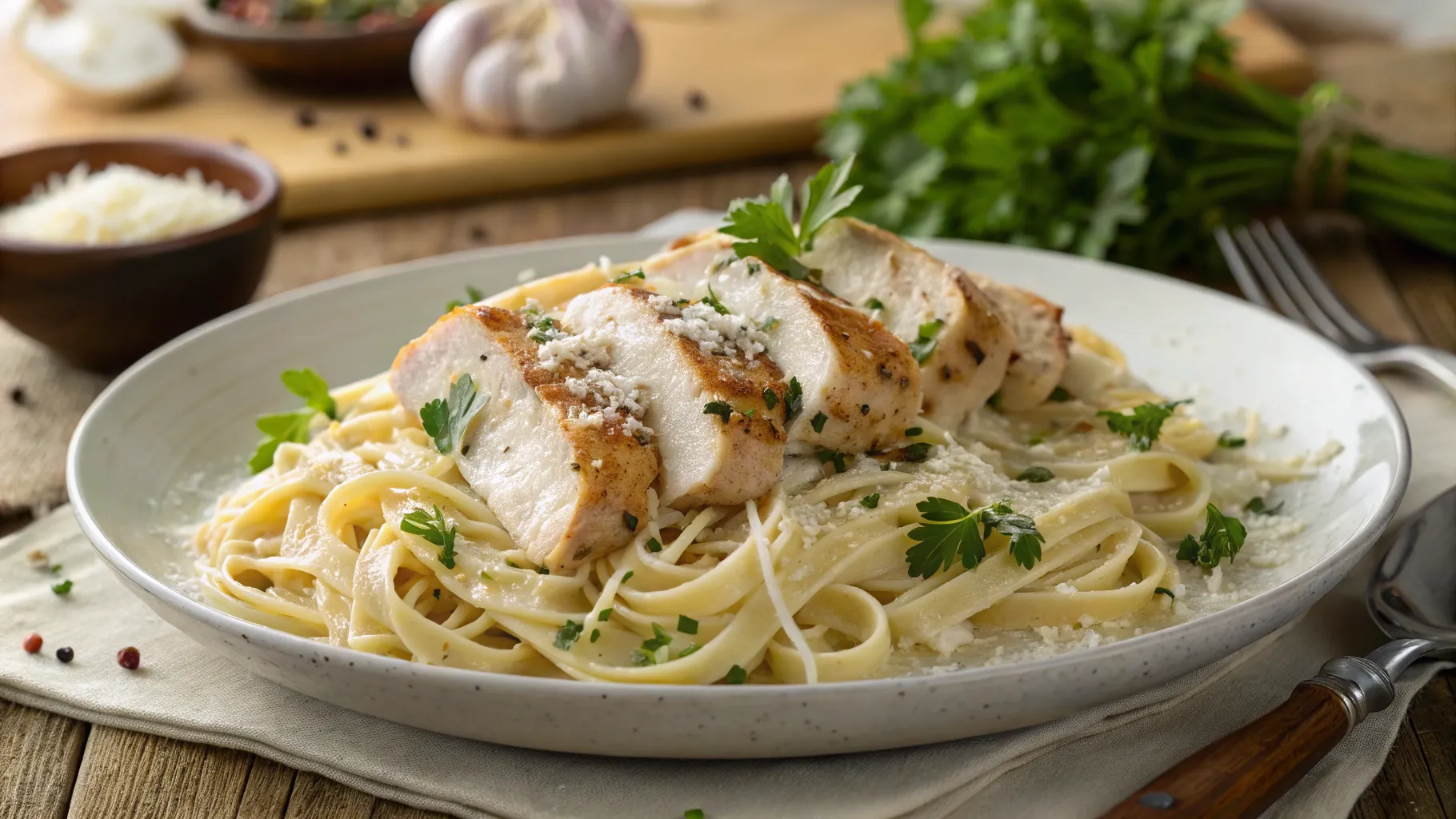 A beautifully plated dish of garlic parmesan chicken pasta, featuring tender pasta tossed with juicy chicken pieces, drizzled in a creamy garlic parmesan sauce, garnished with fresh parsley and sprinkled with grated parmesan cheese, set on a rustic wooden table with a soft focus background of kitchen herbs and spices.