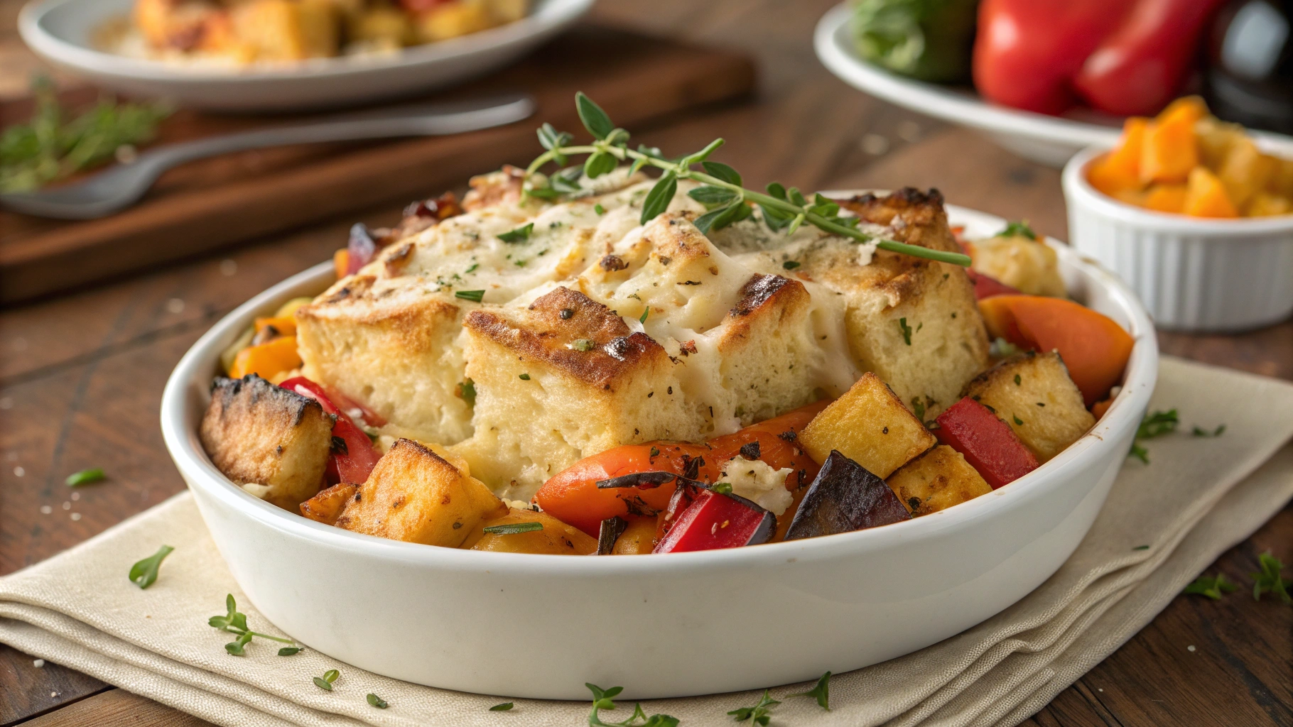 A golden-brown savory bread pudding topped with fresh herbs, served in a rustic baking dish.