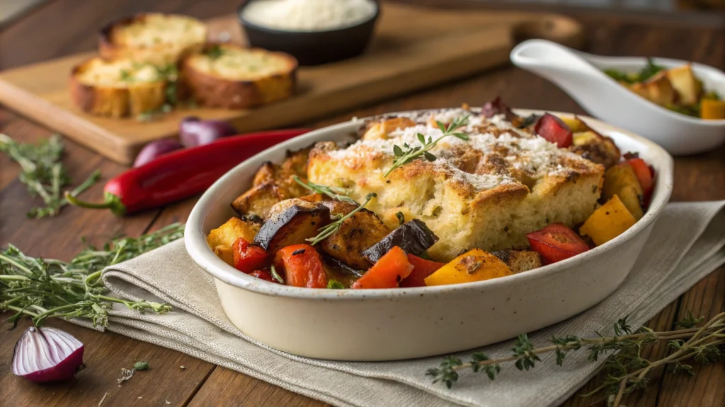 A delicious savory breakfast casserole featuring fluffy scrambled eggs, golden-brown cubes of bread, vibrant bell peppers, and fresh herbs, baked to perfection in a rustic ceramic dish, surrounded by a cozy kitchen setting with warm morning light.