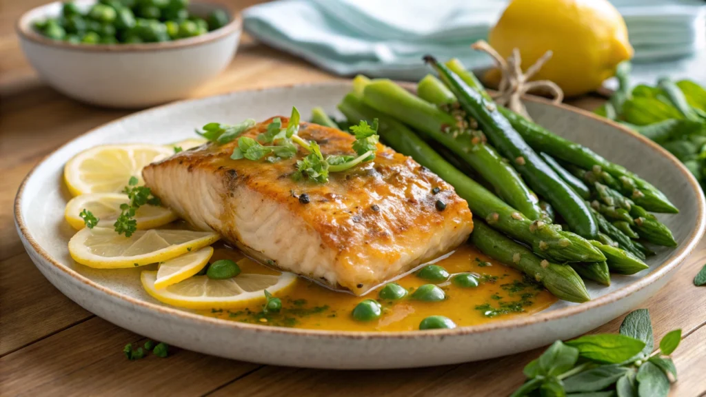 A beautifully plated honey garlic glazed fish, glistening with a rich golden sauce, surrounded by vibrant green vegetables like asparagus and snap peas, garnished with fresh herbs and lemon slices, on a wooden table with a soft natural light background.