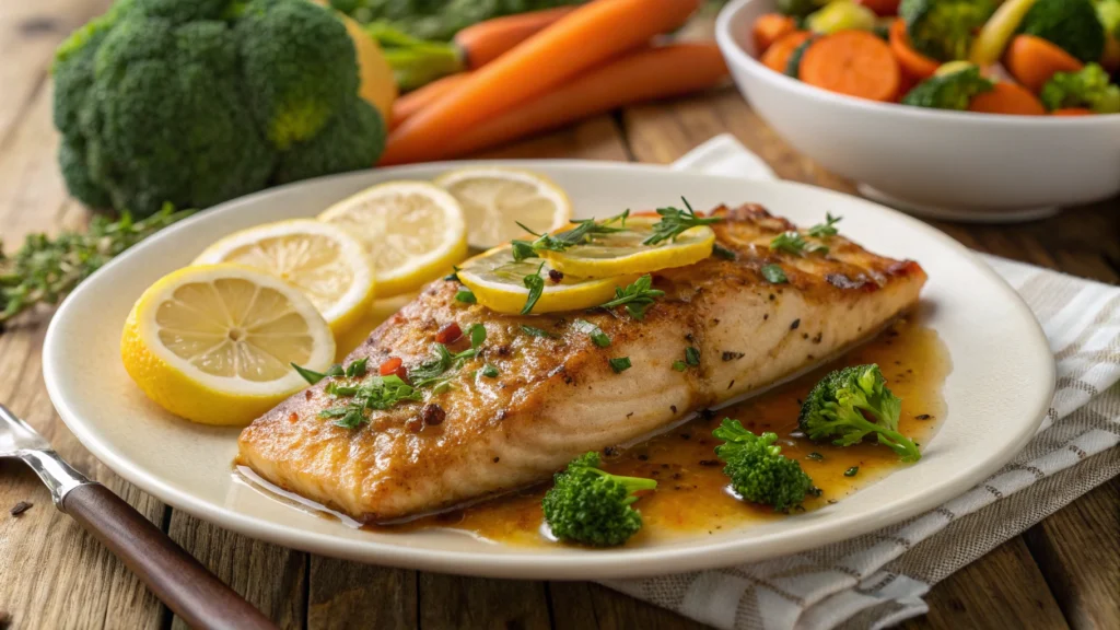 A beautifully plated oven-baked fish glazed with honey garlic sauce, garnished with fresh herbs and lemon slices, set against a rustic wooden table background, with vibrant vegetables like broccoli and carrots on the side, evoking a warm and inviting atmosphere.