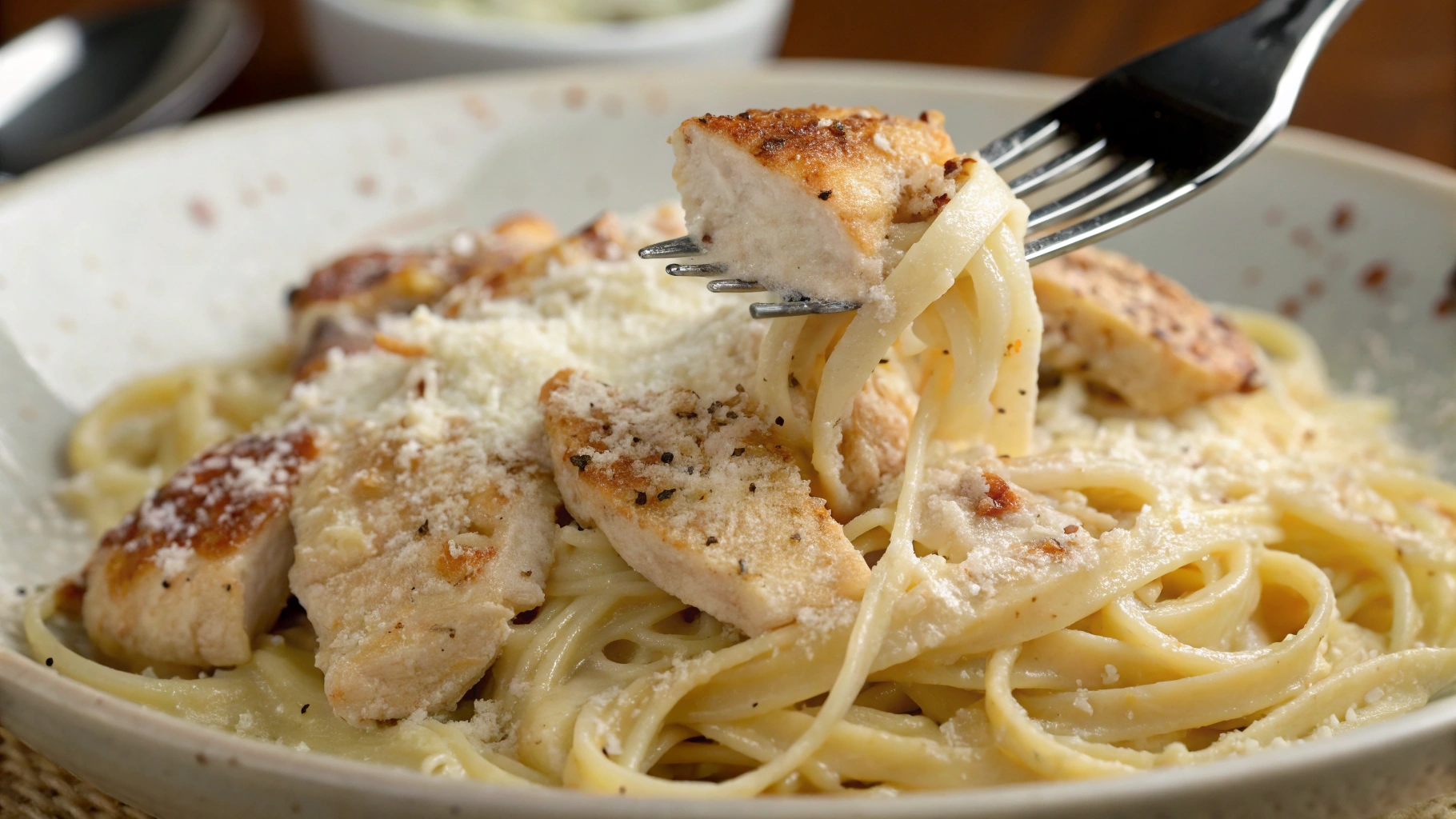 A bowl of garlic parmesan chicken pasta, featuring tender chicken pieces, creamy parmesan sauce, and garnished with fresh parsley, served on a rustic wooden table.