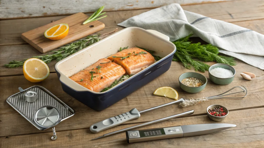 A collection of essential kitchen equipment for preparing baked salmon, featuring a high-quality baking dish, a precision digital thermometer, stainless steel tongs, a citrus juicer, fresh herbs, and spices arranged artfully on a rustic wooden countertop. Soft natural lighting highlighting the details, creating a warm and inviting atmosphere.