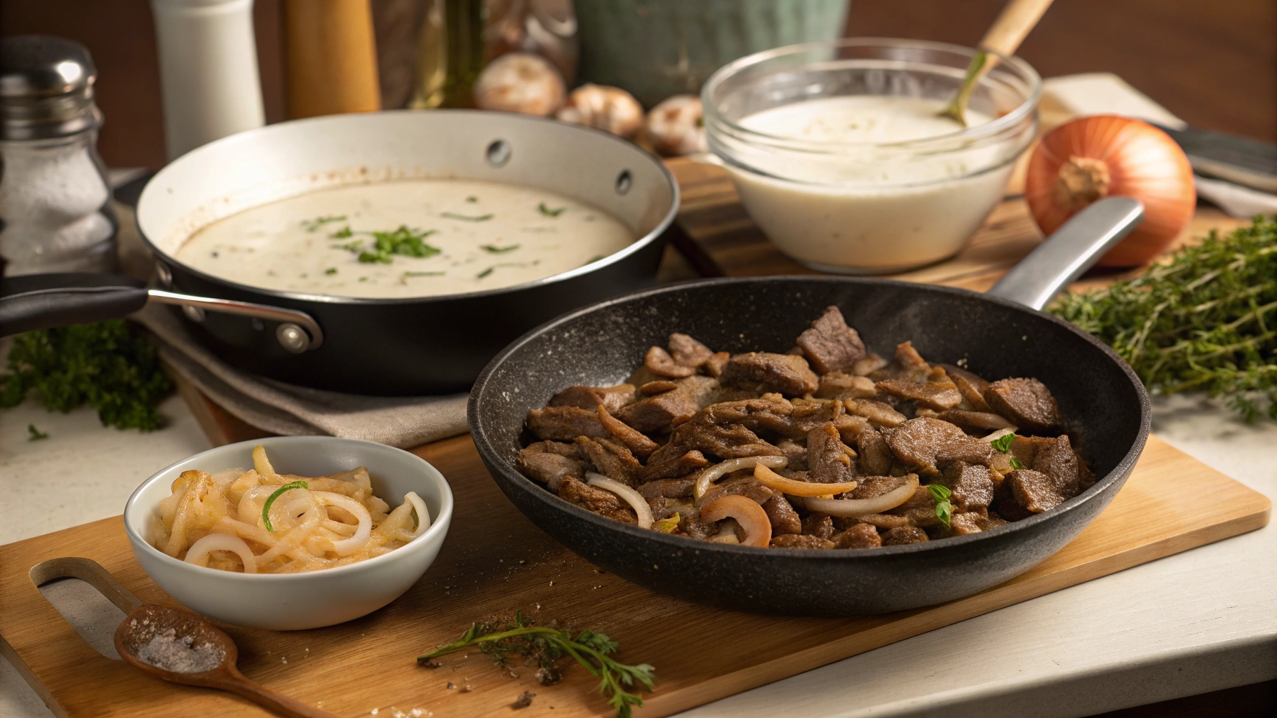 A cozy kitchen scene featuring the preparation of non-dairy beef stroganoff, with tender strips of beef sizzling in a skillet, mushrooms and onions being sautéed, a bowl of creamy non-dairy sauce, fresh herbs scattered on a