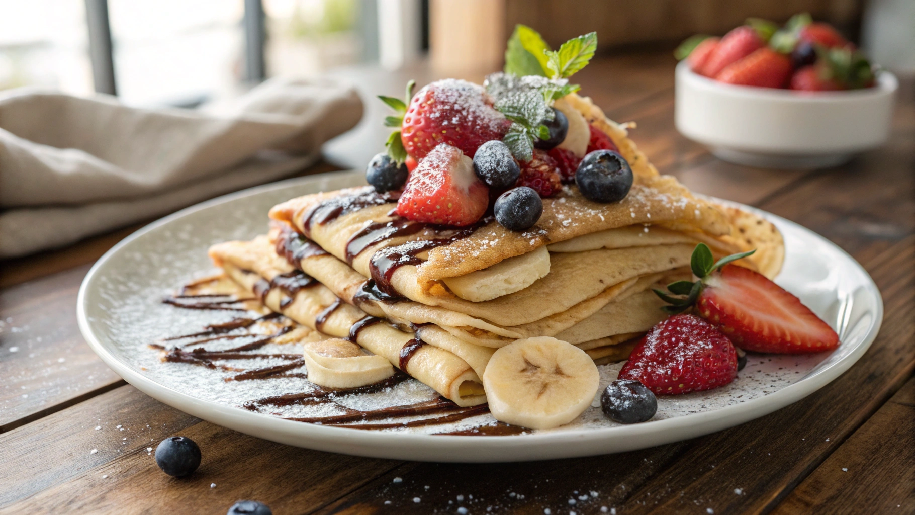 A stack of thin, golden crepes topped with fresh berries, powdered sugar, and a drizzle of honey, served on a white plate.