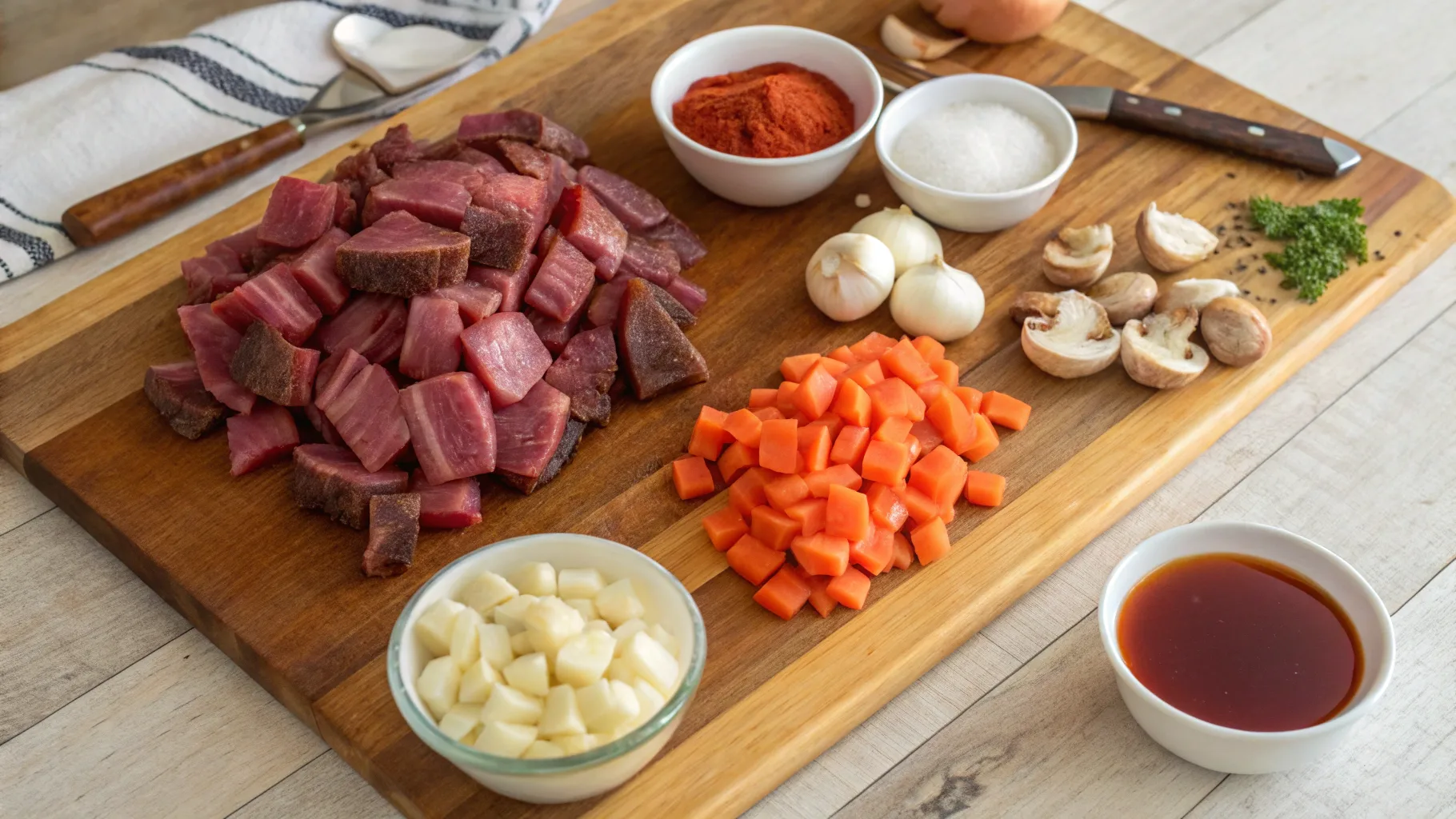 A neatly arranged display of Beef Bourguignon ingredients on a rustic wooden countertop. The setup includes cubed beef, vibrant orange carrots, fresh brown mushrooms, pearl onions, garlic cloves, a bundle of fresh thyme, bay leaves, beef broth, tomato paste, butter, flour, and crispy pancetta. Everything is measured and ready for cooking, evoking a sense of anticipation for a rich and flavorful dish.