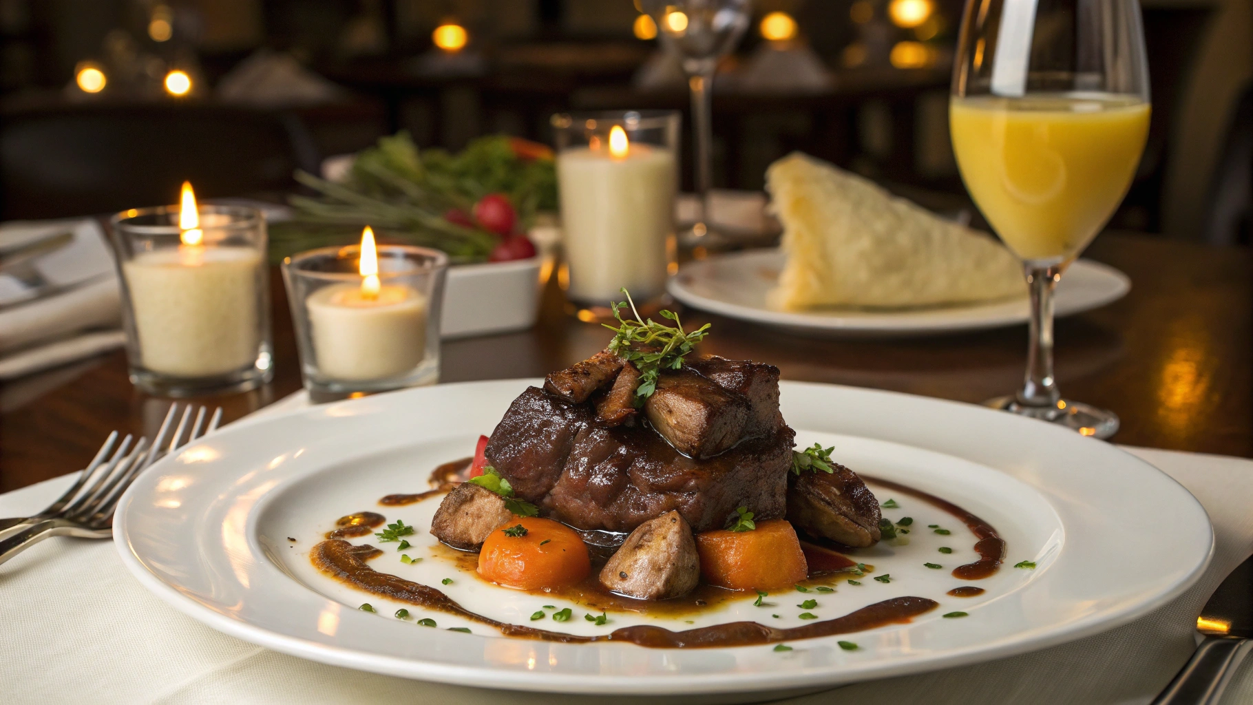 A hearty bowl of Beef Bourguignon featuring tender chunks of beef, carrots, mushrooms, and pearl onions in a rich, glossy juice sauce, garnished with fresh thyme.