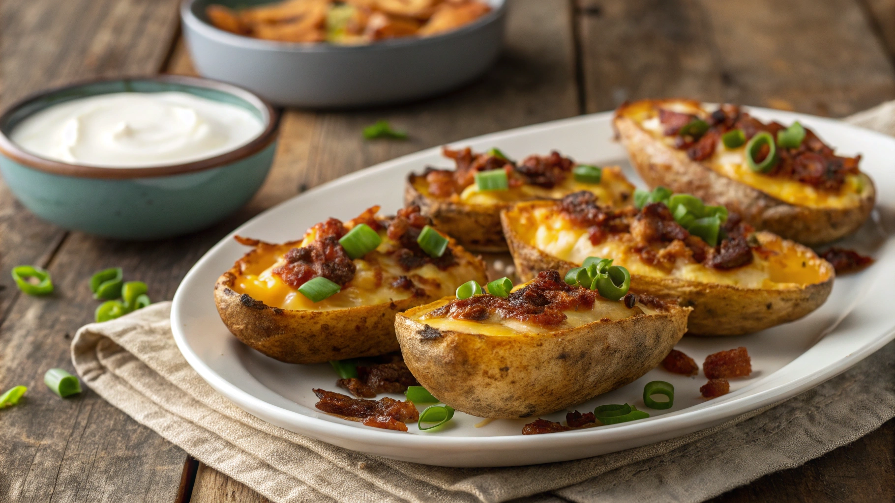 A plate of golden-brown, crispy potato skins topped with melted cheese, crispy bacon bits, and fresh green onions, served on a rustic wooden table with a side of sour cream for dipping. Natural lighting enhancing the texture and golden color of the potato skins.