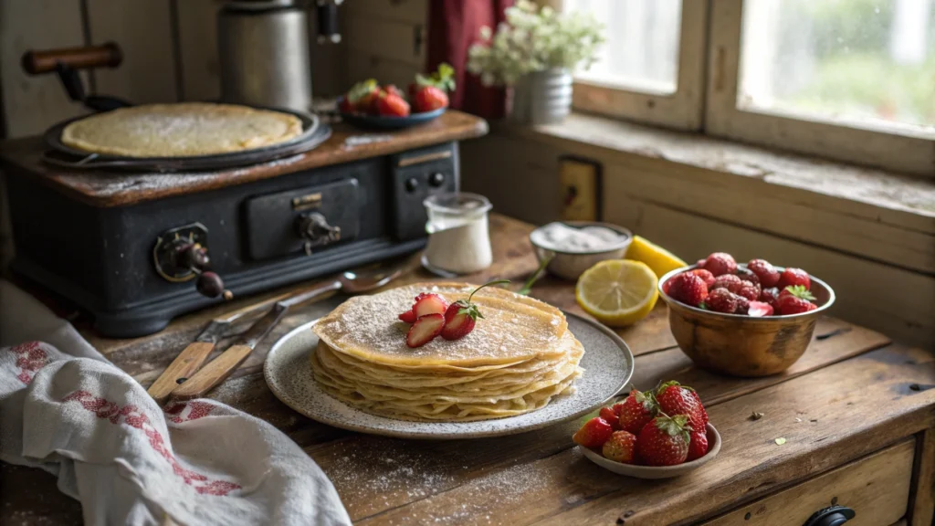 A rustic French kitchen setting with a vintage stove, wooden countertops, and fresh ingredients scattered around. A stack of golden-brown crepes on a plate, surrounded by classic toppings like strawberries, lemon, and sugar. Soft morning light filtering through a window, highlighting the texture of the crepes and the warm ambiance of the kitchen modern.