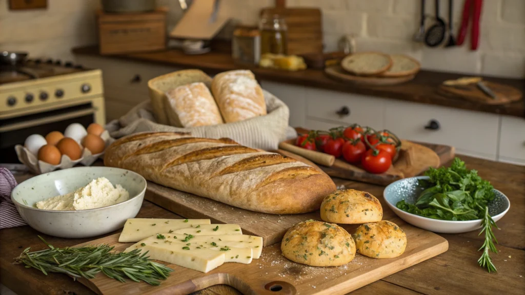 A rustic kitchen countertop filled with various types of day-old bread, including sourdough, ciabatta, and baguettes, surrounded by ingredients like eggs, cheese, herbs, and vegetables, creating a warm and inviting
